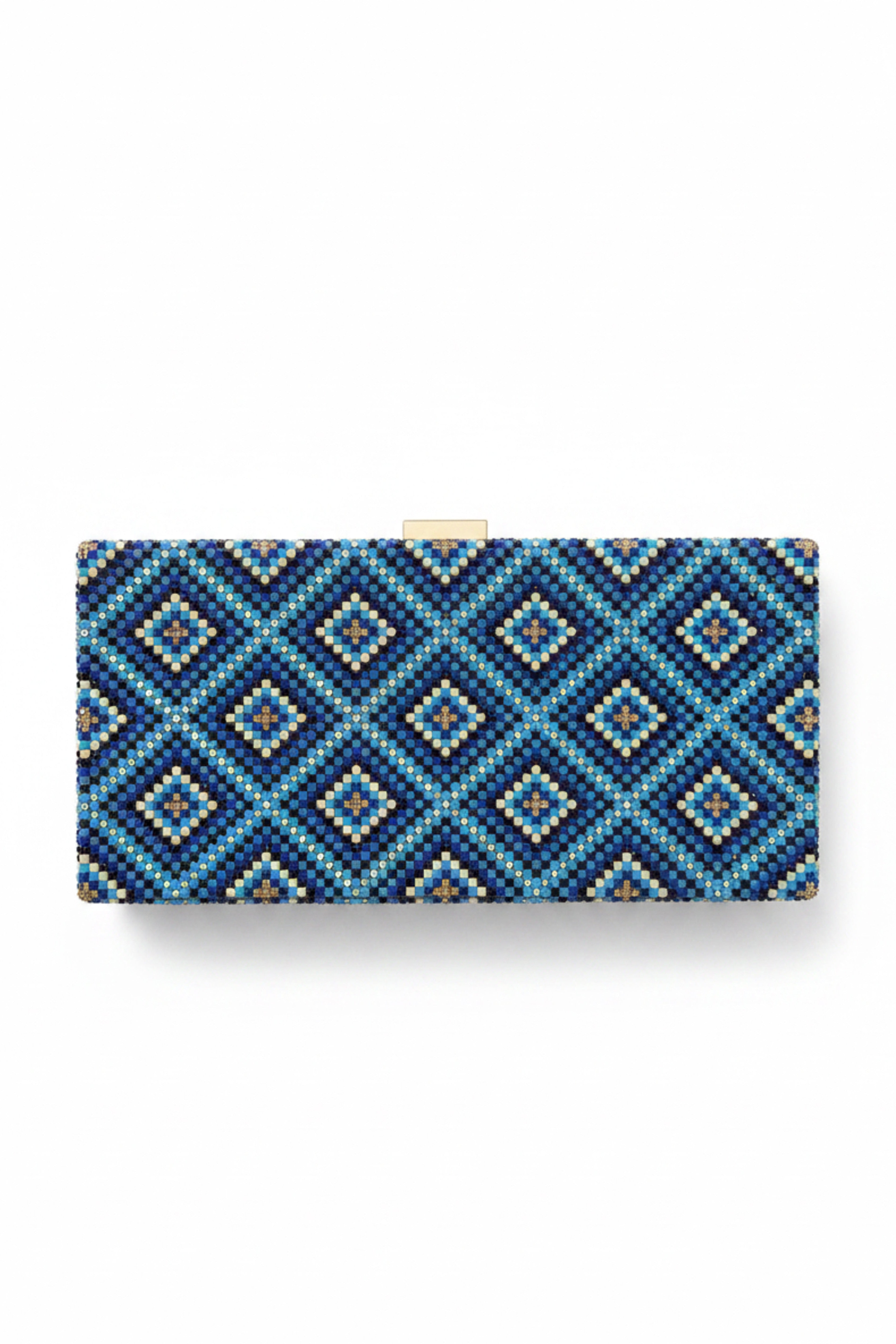 Blue & Gold Diamond Grid Beaded Clutch