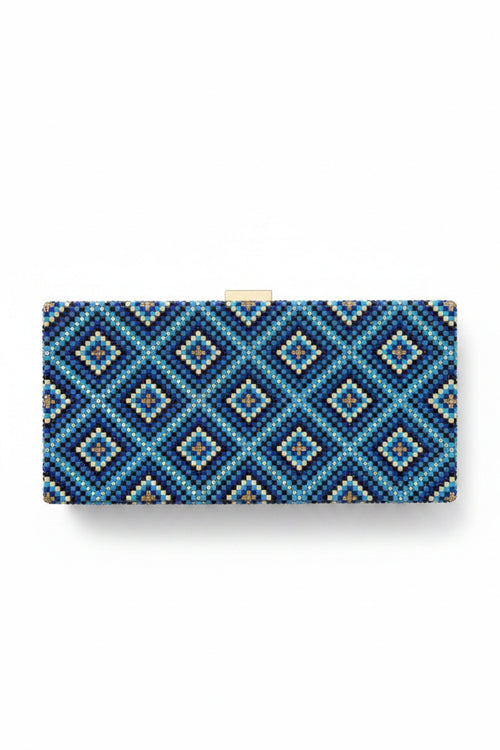 Blue & Gold Diamond Grid Beaded Clutch