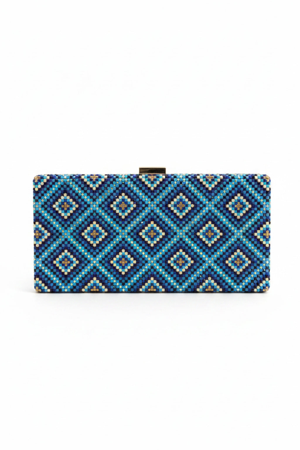 Blue & Gold Diamond Grid Beaded Clutch