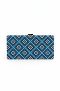 Blue & Gold Diamond Grid Beaded Clutch