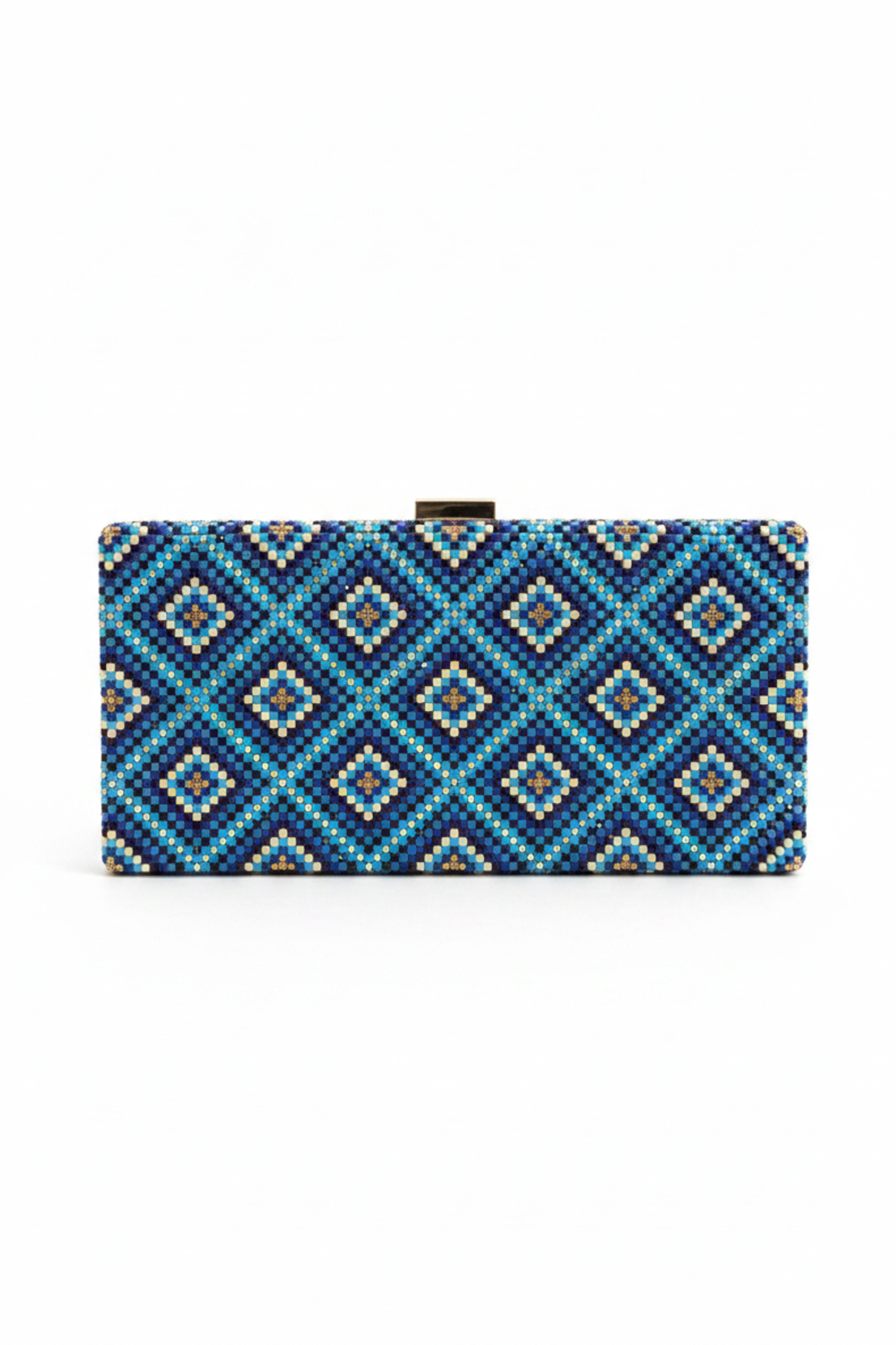 Blue & Gold Diamond Grid Beaded Clutch