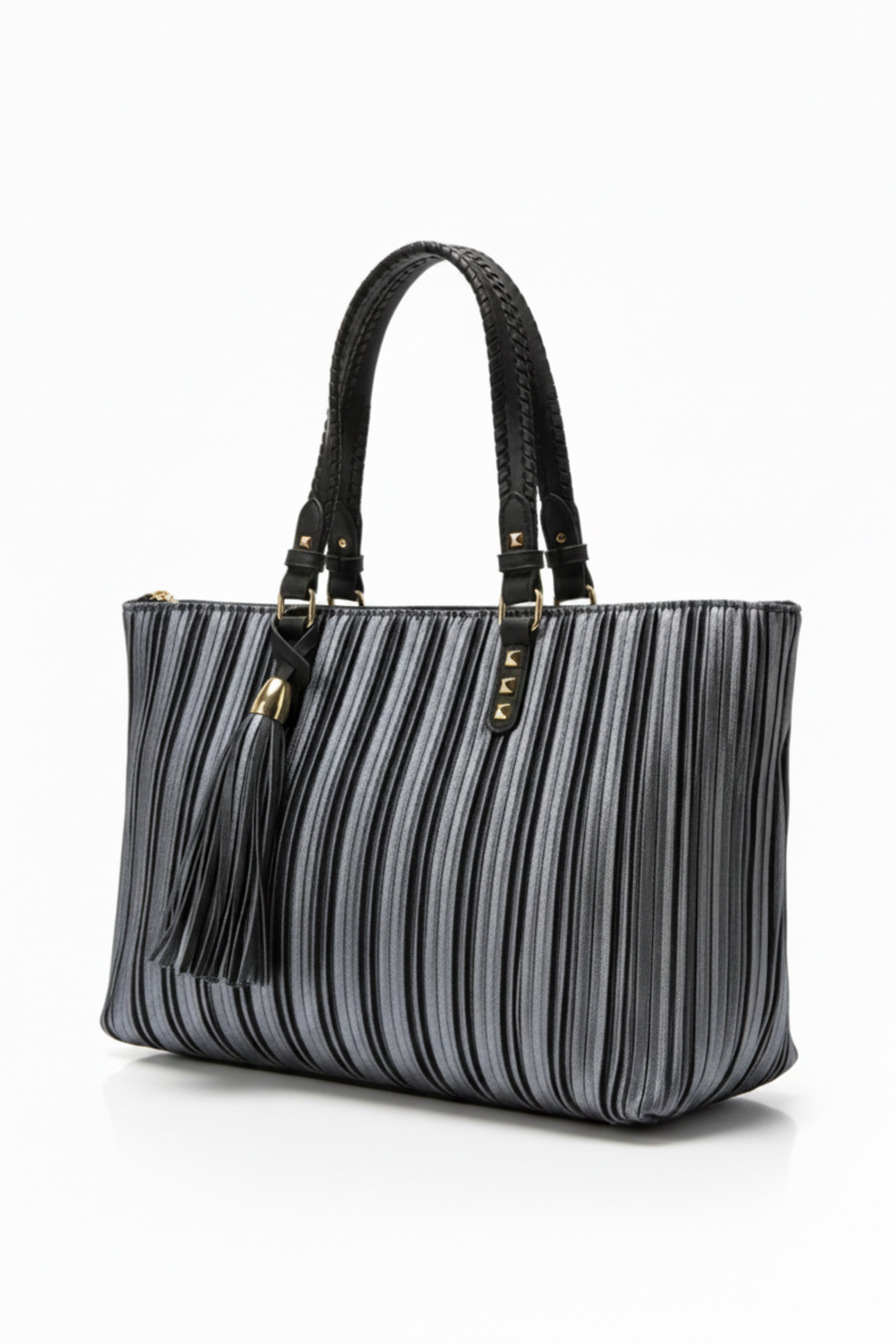 Braided Handle Metallic Pleated Shoulder Bag